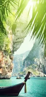 Tropical paradise with boat, rocks, and lush greenery in sunlight.