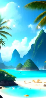 Tropical landscape with beach, palms, and turquoise water.