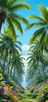 Tropical landscape with palm trees and flowers.