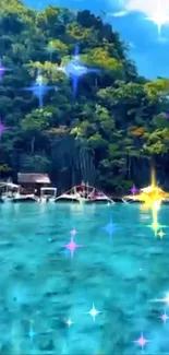 Tropical island with turquoise waters and sparkle effects.