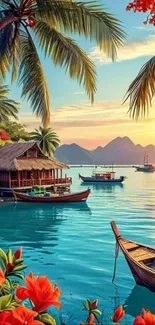 Tropical sunset over calm waters with boats and vibrant flowers.