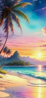 Tropical beach with palm trees and sunset sky in vivid colors.