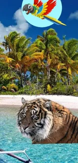 Tropical island wallpaper with tiger and flying parrot, beach scenery.