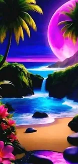 Tropical paradise with a purple moon and vibrant flowers by the ocean.