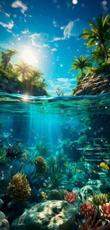 A tropical underwater scene with colorful reefs and blue waters.