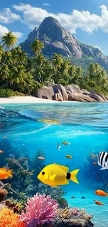 Tropical underwater view with coral and fish below an island.