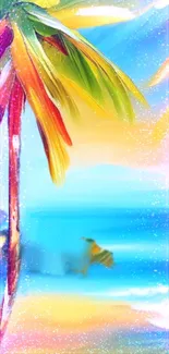 Vibrant tropical beach wallpaper with palm tree and ocean view.