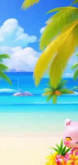 Kawaii cat on tropical beach with blue ocean and palm trees.