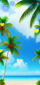 Tropical beach wallpaper with palm trees and blue sky.