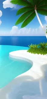 Beautiful tropical beach wallpaper with palms, azure ocean, and clear sky.