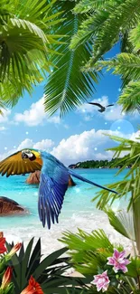 Colorful parrot flying over a tropical beach scene.