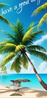 Tropical beach scene with palm trees and a seagull, captioned 'have a good day'.