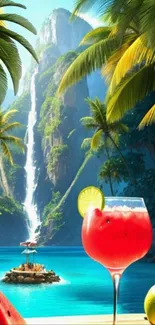 Tropical paradise with waterfall and cocktail on an island beach.