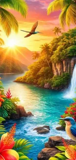 Tropical paradise landscape with waterfall and vibrant flora and fauna.