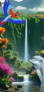 Colorful tropical scene with parrot, waterfall, and dolphin in lush greenery.