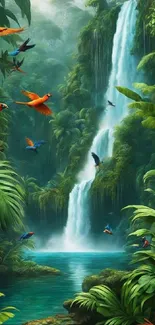 Lush greenery with birds and a tropical waterfall scene.