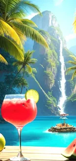 Tropical paradise with waterfall, palm trees, and a fruit cocktail by a blue ocean.