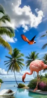 Colorful tropical scene with flamingo.
