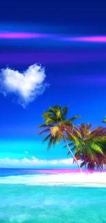 Tropical beach with heart-shaped cloud and palm trees under a bright blue sky.