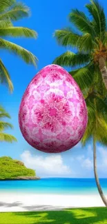 Vibrant tropical beach scene with pink decorative egg.