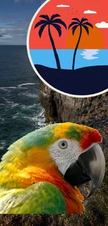 Tropical parrot with ocean and palm trees on a cliffside view.