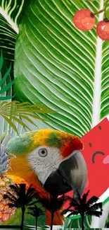 Tropical collage wallpaper with parrot, leaves, and fruits.