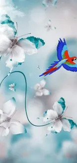 Colorful parrot amidst white and teal flowers wallpaper.