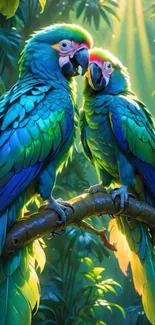 Colorful parrots in a lush jungle setting with vibrant green leaves.