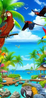 Vibrant tropical wallpaper with colorful parrots and lush island scenery.