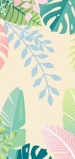 Pastel tropical leaf wallpaper with vibrant colors.