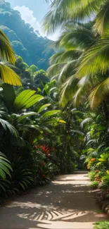 Lush tropical jungle path with vibrant green foliage.