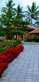 Tropical garden pathway with red flowers and palm trees.