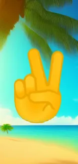 Tropical beach wallpaper with peace sign emoji and palm trees.