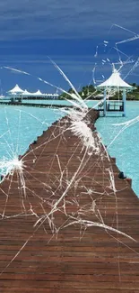 Tropical pier with cracked glass effect mobile wallpaper.