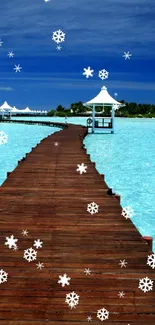 A serene tropical pier extending over turquoise waters under a vivid blue sky.