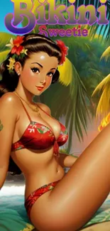 Tropical pin-up art wallpaper with vibrant colors and beach scene.