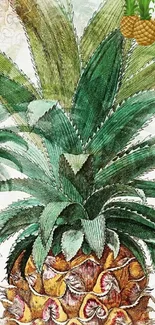 Artistic pineapple design with lush green leaves.