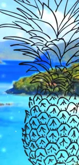 Tropical pineapple sketch overlay on a serene beach and blue sea background.