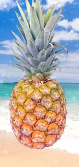 Tropical pineapple on a sandy beach with a blue ocean backdrop.