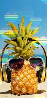 Pineapple with sunglasses and headphones on a sunny beach.