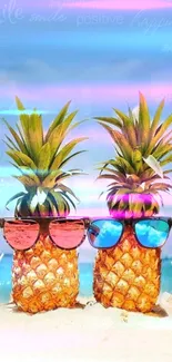 Pineapples wearing sunglasses on a sandy beach with a vibrant sky.