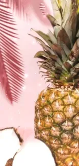 Pineapple and coconut on a pink background with tropical vibes.