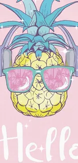 Quirky pineapple with sunglasses and headphones on a pastel pink background.