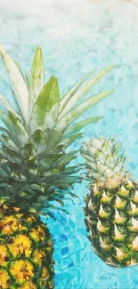 Two pineapples floating in clear blue water, creating a tropical ambiance.