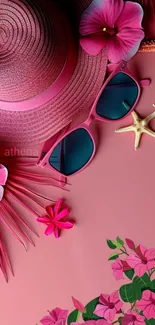 Pink tropical summer wallpaper with flowers and starfish.