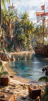 Pirate ship by a tropical cove with treasure chests and palm trees.