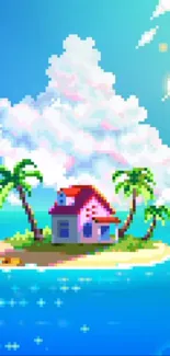 Pixel art of a tropical island with palm trees and blue ocean.