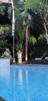 Tropical poolside view with lush greenery.