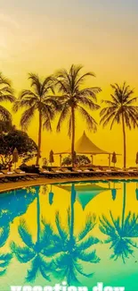 Tropical poolside scene with palm trees and golden sunset glow.