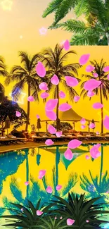 Tropical poolside with palm trees at sunset, adorned with pink petals.